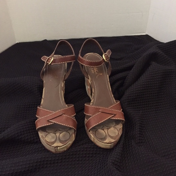 Coach Signature CC Leather Ankle Strap Wedges 5.5 - Picture 3 of 8